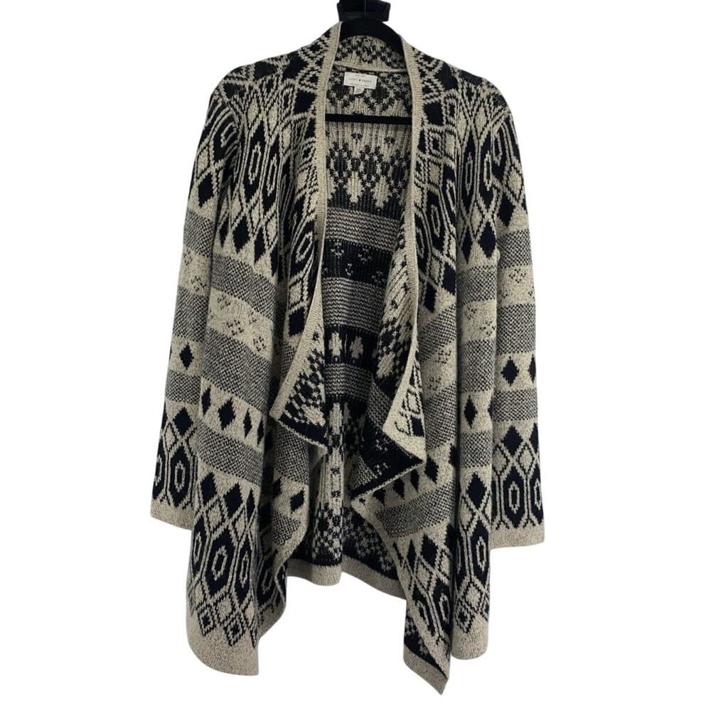 Lucky Brand Open Front Waterfall Cardigan Womens M Beige Black Aztec Boho Casual